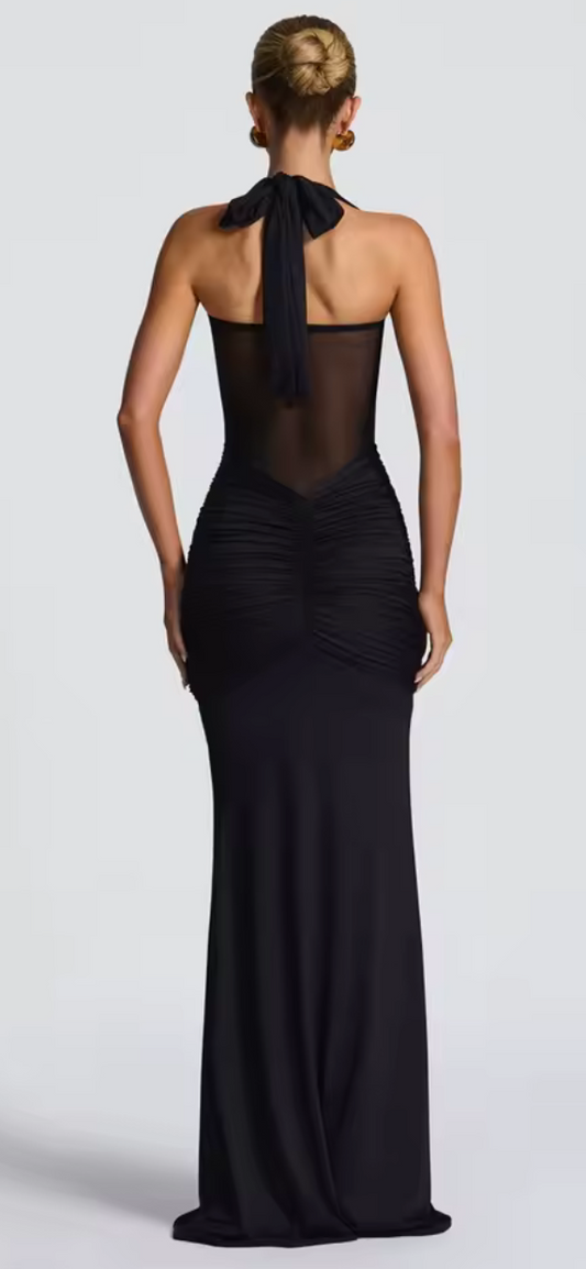 Noir Sirena Sheer Ruched Halter Gown