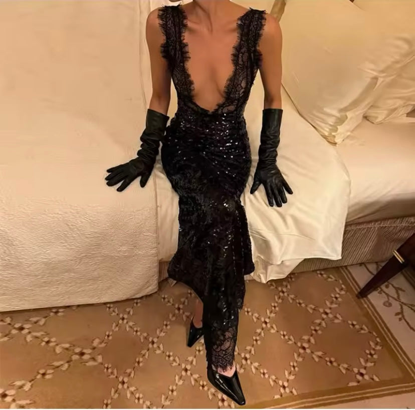 Kate Sequin Plunge Maxi dress