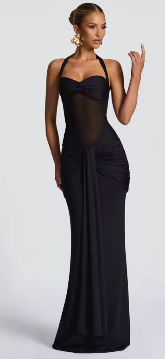 Noir Sirena Sheer Ruched Halter Gown