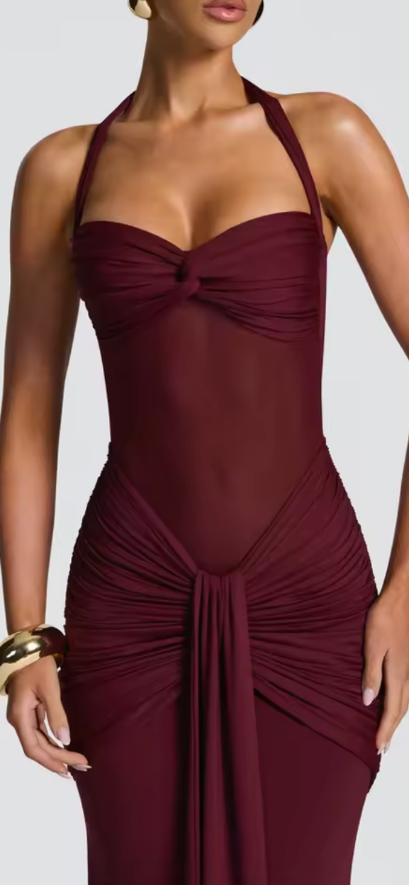 Noir Sirena Sheer Ruched Halter Gown