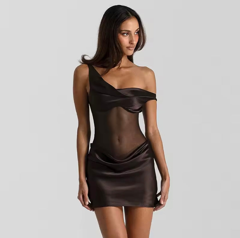 Bella Satin Mesh Cutout Dress